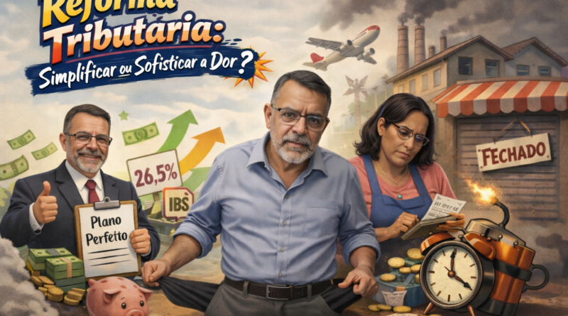 Reforma tributária no Brasil ilustrada com contraste entre discurso político otimista e realidade econômica, mostrando impacto no bolso da população com aumento de impostos, comércio fechado e preocupação financeira.