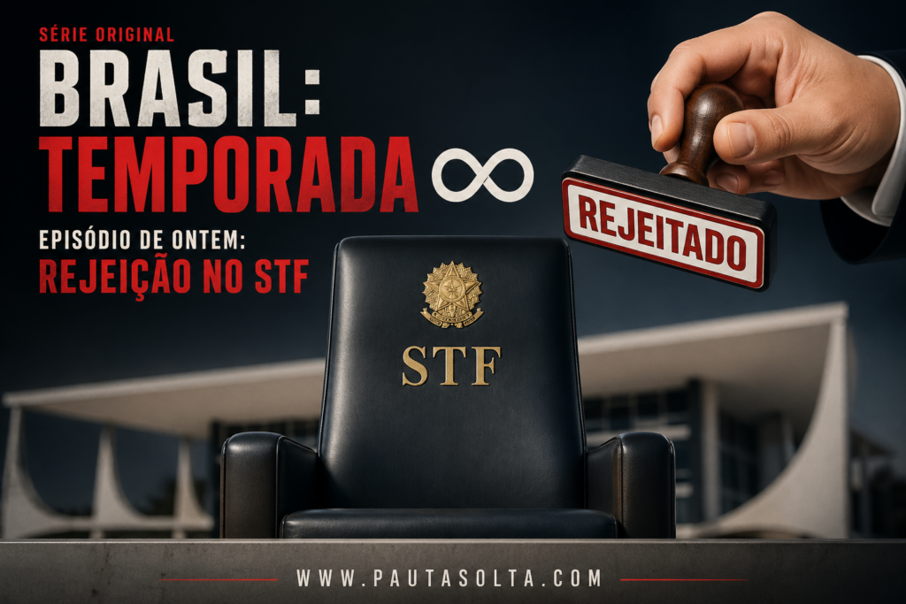 Cadeira do STF em destaque com símbolo da República, ao fundo o prédio do Supremo desfocado, enquanto uma mão carimba “REJEITADO”. No canto superior esquerdo, título estilizado em formato de série de streaming com a frase “Brasil: Temporada Infinita” e referência à rejeição no STF. Na parte inferior, o site www.pautasolta.com
.