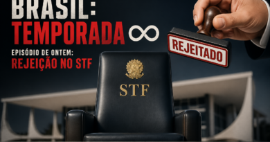Cadeira do STF em destaque com símbolo da República, ao fundo o prédio do Supremo desfocado, enquanto uma mão carimba “REJEITADO”. No canto superior esquerdo, título estilizado em formato de série de streaming com a frase “Brasil: Temporada Infinita” e referência à rejeição no STF. Na parte inferior, o site www.pautasolta.com .