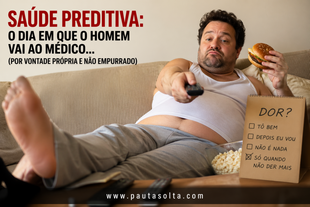 Homem adulto, acima do peso, relaxado no sofá assistindo TV, segurando um hambúrguer e um controle remoto, com expressão de desdém. Ao lado, um bloco com checklist marcado na opção “só quando não der mais”, ironizando o hábito de ignorar sintomas. Na lateral esquerda da imagem, o título “Saúde preditiva: o dia em que o homem vai ao médico (por vontade própria e não empurrado)” aparece em destaque. A cena tem tom humorístico e crítico sobre o comportamento masculino em relação à saúde, com o site www.pautasolta.com
 centralizado na parte inferior.