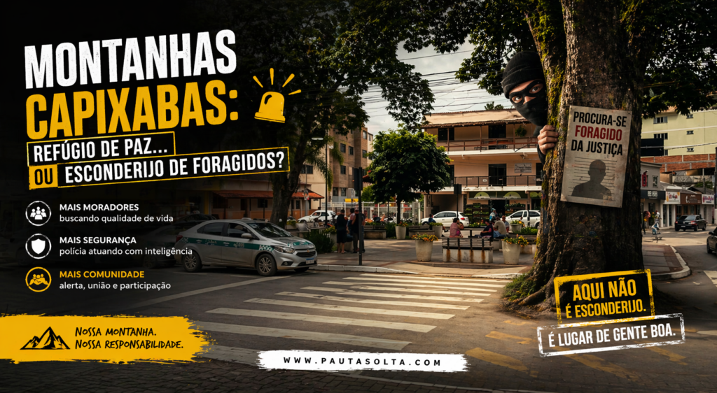 Praça central de cidade nas Montanhas Capixabas, com árvores grandes, carros e pessoas circulando, usada em montagem editorial com elementos visuais que sugerem alerta sobre segurança e presença de foragidos escondidos na região.