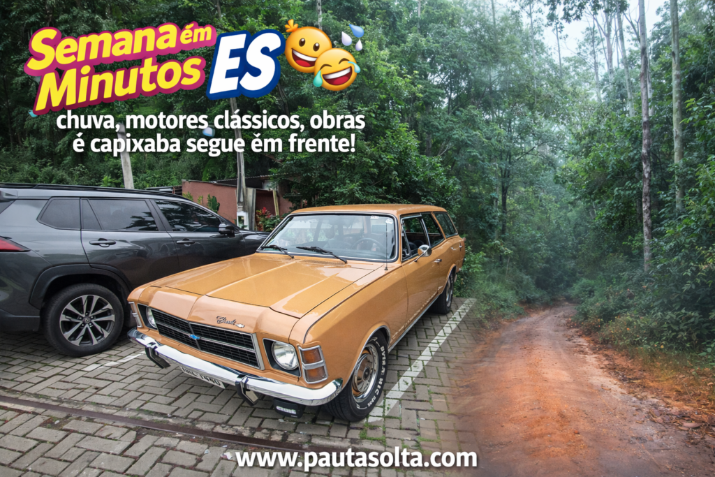 Montagem horizontal com carro antigo clássico em destaque em Marechal Floriano e estrada de terra nas montanhas capixabas em dia chuvoso, representando o resumo da semana no Espírito Santo