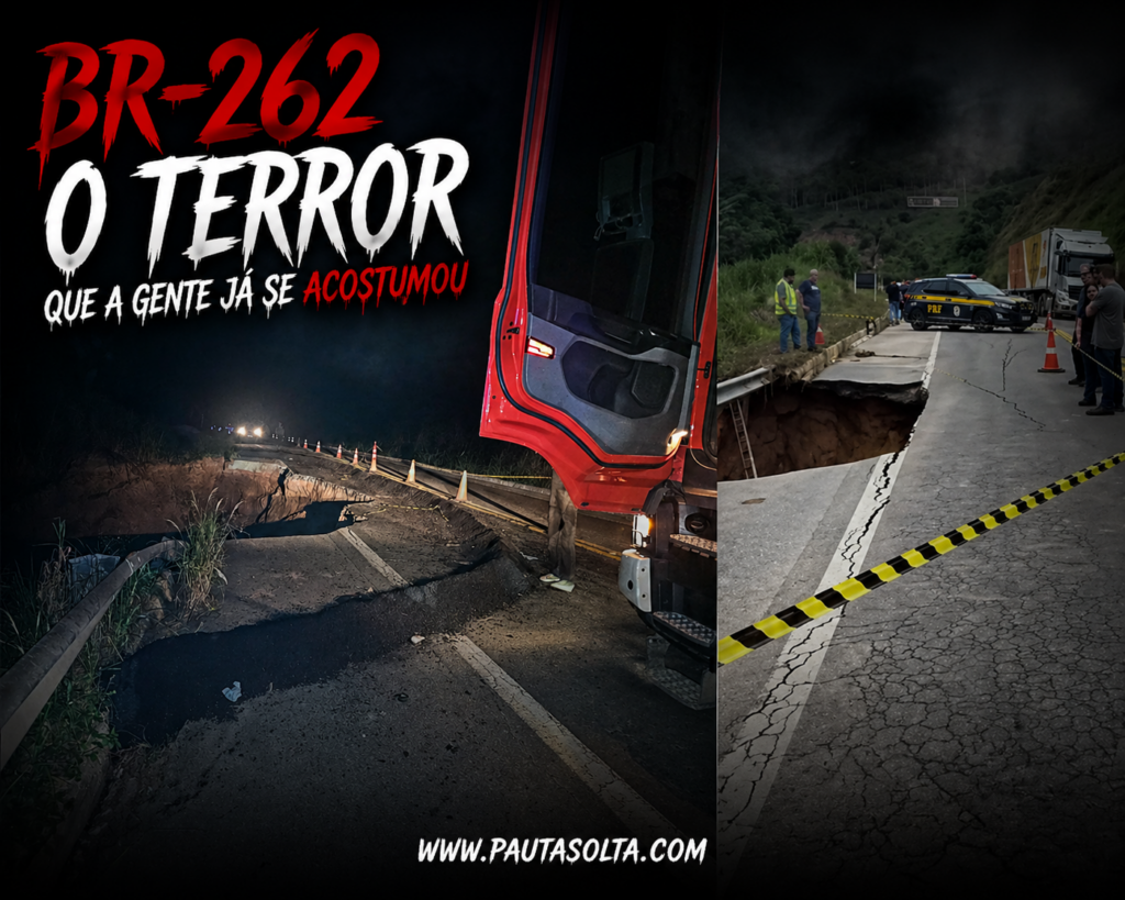Imagem composta em estilo dramático mostra dois cenários da BR-262: à esquerda, à noite, uma grande cratera aberta no asfalto com cones de sinalização e um caminhão parado; à direita, durante o dia, o mesmo tipo de colapso na pista com agentes da PRF isolando a área com fita e viaturas ao fundo. O visual tem estética de filme de terror, com destaque para o perigo da rodovia e sensação de abandono estrutural.
