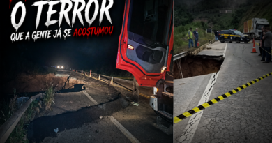 Imagem composta em estilo dramático mostra dois cenários da BR-262: à esquerda, à noite, uma grande cratera aberta no asfalto com cones de sinalização e um caminhão parado; à direita, durante o dia, o mesmo tipo de colapso na pista com agentes da PRF isolando a área com fita e viaturas ao fundo. O visual tem estética de filme de terror, com destaque para o perigo da rodovia e sensação de abandono estrutural.