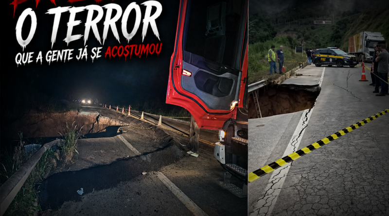Imagem composta em estilo dramático mostra dois cenários da BR-262: à esquerda, à noite, uma grande cratera aberta no asfalto com cones de sinalização e um caminhão parado; à direita, durante o dia, o mesmo tipo de colapso na pista com agentes da PRF isolando a área com fita e viaturas ao fundo. O visual tem estética de filme de terror, com destaque para o perigo da rodovia e sensação de abandono estrutural.