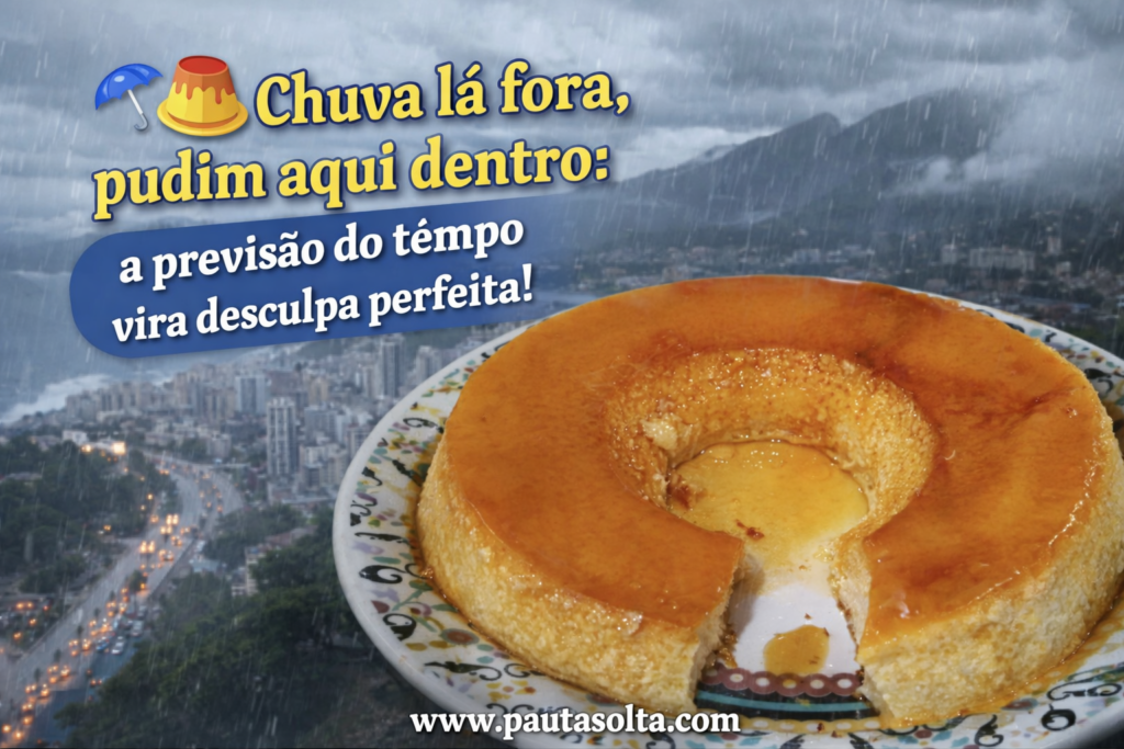Pudim de leite condensado caseiro com calda caramelizada, parcialmente cortado, em primeiro plano, com fundo de cidade capixaba sob chuva, representando a previsão do tempo nas Montanhas Capixabas e Grande Vitória.