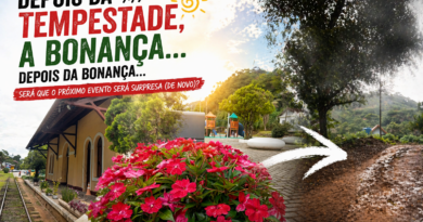 Montagem fotográfica das Montanhas Capixabas mostrando a reconstrução após chuvas: flores vermelhas em primeiro plano, estação ferroviária histórica ao lado e estrada de terra com lama, contrastando entre o cenário de bonança e os impactos da tempestade, com o título provocativo sobre novos eventos climáticos.