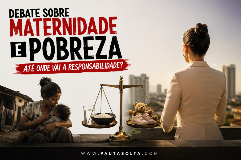 Imagem editorial dividida em dois mundos: à esquerda, uma mãe em situação de pobreza segura um bebê em um cenário precário; ao centro, uma balança pesa itens básicos como comida contra objetos de conforto infantil; à direita, uma mulher bem vestida observa a cidade de um ponto alto, simbolizando contraste social. No topo esquerdo, o título “Debate sobre maternidade e pobreza: até onde vai a responsabilidade?” e, na parte inferior, o endereço www.pautasolta.com
.