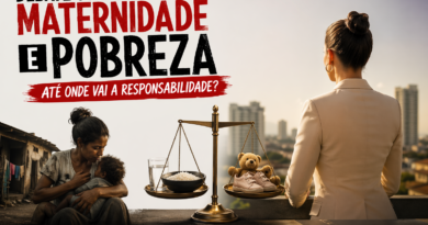 Imagem editorial dividida em dois mundos: à esquerda, uma mãe em situação de pobreza segura um bebê em um cenário precário; ao centro, uma balança pesa itens básicos como comida contra objetos de conforto infantil; à direita, uma mulher bem vestida observa a cidade de um ponto alto, simbolizando contraste social. No topo esquerdo, o título “Debate sobre maternidade e pobreza: até onde vai a responsabilidade?” e, na parte inferior, o endereço www.pautasolta.com .