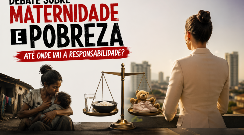 Imagem editorial dividida em dois mundos: à esquerda, uma mãe em situação de pobreza segura um bebê em um cenário precário; ao centro, uma balança pesa itens básicos como comida contra objetos de conforto infantil; à direita, uma mulher bem vestida observa a cidade de um ponto alto, simbolizando contraste social. No topo esquerdo, o título “Debate sobre maternidade e pobreza: até onde vai a responsabilidade?” e, na parte inferior, o endereço www.pautasolta.com .