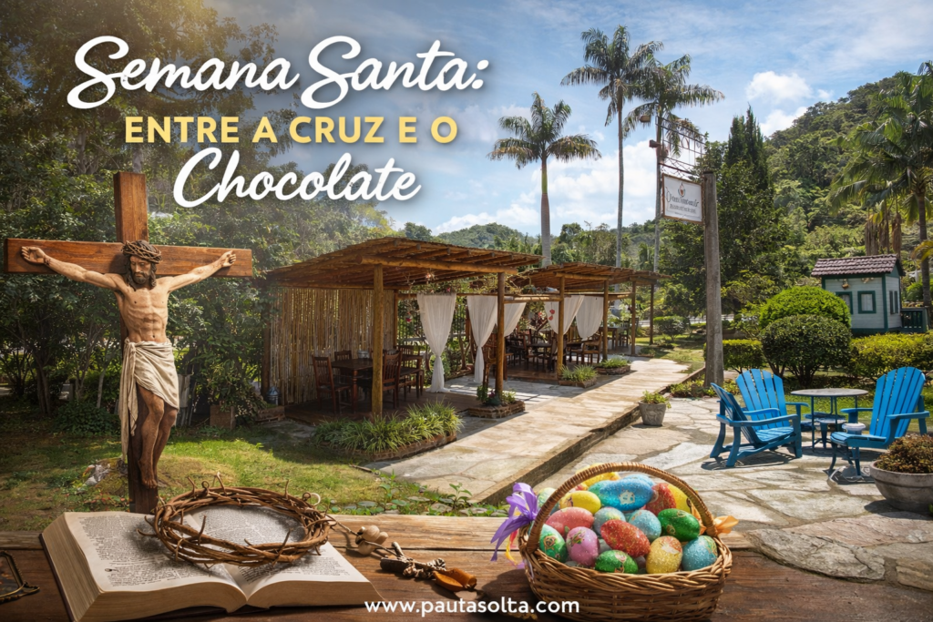 Imagem principal da Semana Santa mostrando espaço de lazer nas montanhas capixabas com pergolados rústicos, natureza exuberante e elementos religiosos como cruz, Bíblia e coroa de espinhos, contrastando fé, reflexão e o lado comercial do feriado com ovos de Páscoa.