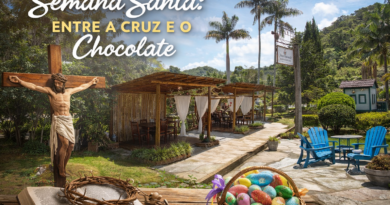 Imagem principal da Semana Santa mostrando espaço de lazer nas montanhas capixabas com pergolados rústicos, natureza exuberante e elementos religiosos como cruz, Bíblia e coroa de espinhos, contrastando fé, reflexão e o lado comercial do feriado com ovos de Páscoa.
