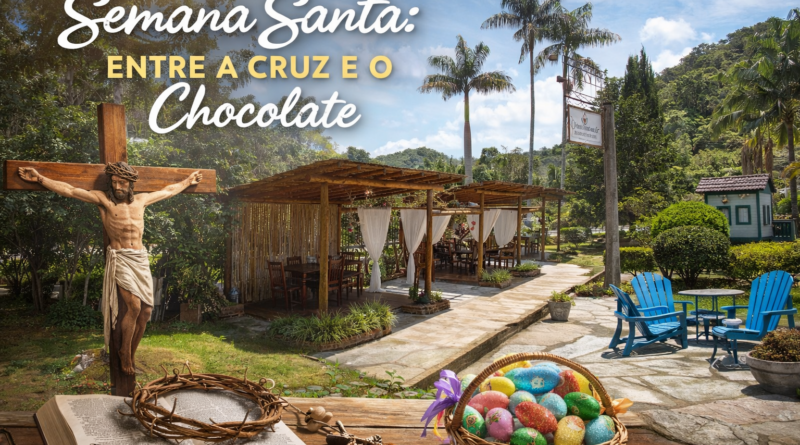 Imagem principal da Semana Santa mostrando espaço de lazer nas montanhas capixabas com pergolados rústicos, natureza exuberante e elementos religiosos como cruz, Bíblia e coroa de espinhos, contrastando fé, reflexão e o lado comercial do feriado com ovos de Páscoa.