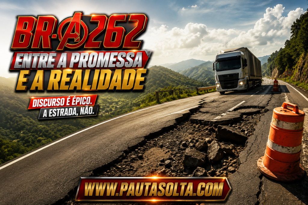 Imagem mostra um trecho da BR-262 nas Montanhas Capixabas com grandes rachaduras e afundamento no asfalto, enquanto uma carreta segue pela rodovia em meio ao cenário serrano. O título “BR-262 entre a promessa e a realidade” aparece estilizado no canto esquerdo superior em estilo cinematográfico, reforçando a crítica às promessas de obras e à insegurança da estrada.