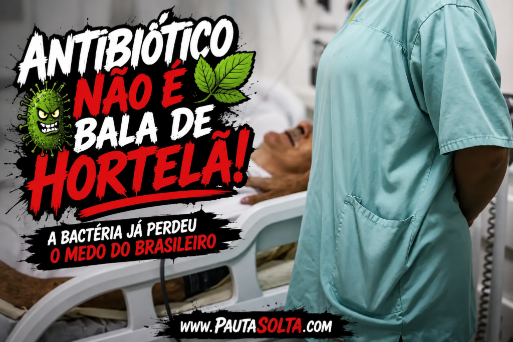 Profissional de saúde ao lado de paciente hospitalizado em quarto clínico, com arte gráfica no estilo Pauta Solta trazendo o título “Antibiótico não é bala de hortelã!” em letras estilizadas e provocativas sobre resistência bacteriana e automedicação.