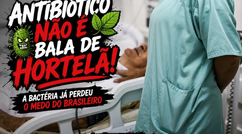 Profissional de saúde ao lado de paciente hospitalizado em quarto clínico, com arte gráfica no estilo Pauta Solta trazendo o título “Antibiótico não é bala de hortelã!” em letras estilizadas e provocativas sobre resistência bacteriana e automedicação.