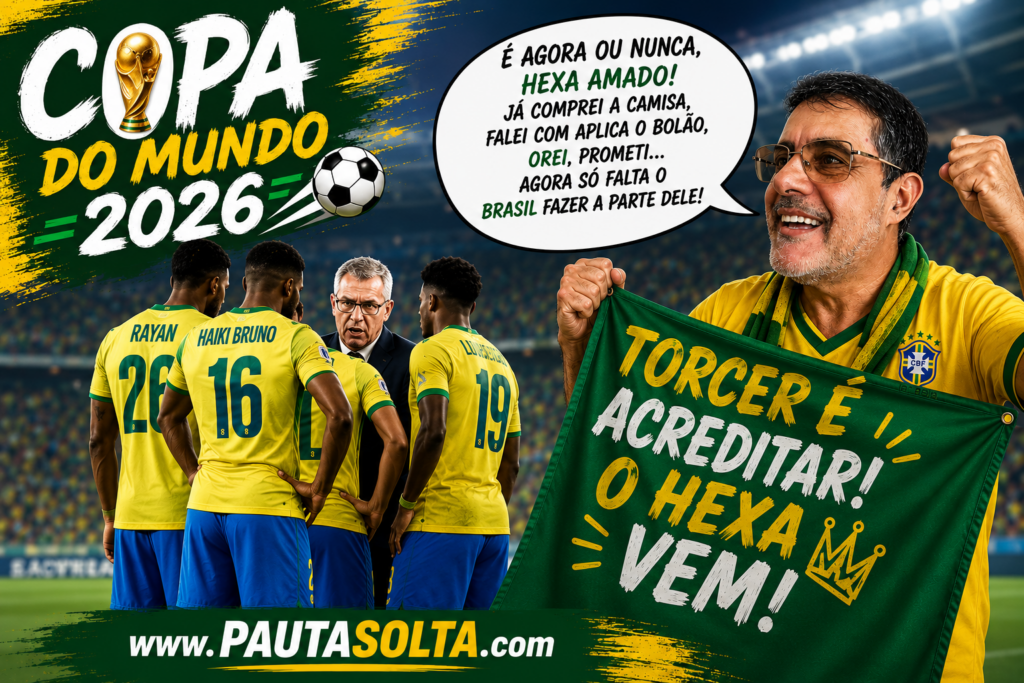 Torcedor brasileiro com o rosto do jornalista Adelar Dias Junior aparece vibrando com a camisa da Seleção Brasileira durante uma montagem temática da Copa do Mundo 2026. Ao fundo, jogadores conversam com o treinador em clima de tensão, enquanto um balão bem-humorado reforça a esperança pelo hexa. A arte traz identidade visual da Revista Pauta Solta em estilo provocativo e descontraído.
