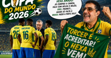 Torcedor brasileiro com o rosto do jornalista Adelar Dias Junior aparece vibrando com a camisa da Seleção Brasileira durante uma montagem temática da Copa do Mundo 2026. Ao fundo, jogadores conversam com o treinador em clima de tensão, enquanto um balão bem-humorado reforça a esperança pelo hexa. A arte traz identidade visual da Revista Pauta Solta em estilo provocativo e descontraído.