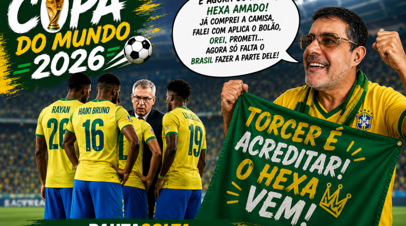 Torcedor brasileiro com o rosto do jornalista Adelar Dias Junior aparece vibrando com a camisa da Seleção Brasileira durante uma montagem temática da Copa do Mundo 2026. Ao fundo, jogadores conversam com o treinador em clima de tensão, enquanto um balão bem-humorado reforça a esperança pelo hexa. A arte traz identidade visual da Revista Pauta Solta em estilo provocativo e descontraído.
