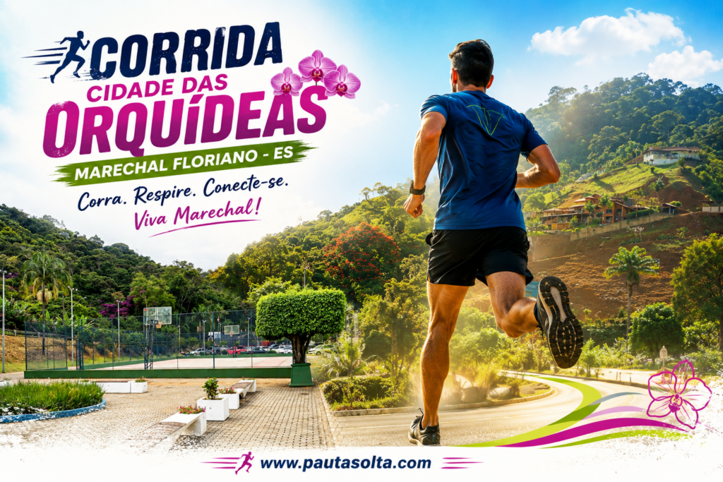Montagem horizontal da Corrida Cidade das Orquídeas em Marechal Floriano, mostrando corredor em destaque diante das montanhas da cidade, com paisagens naturais, praça urbana e vegetação típica da região serrana capixaba. A arte traz o título estilizado do evento em cores vibrantes e o endereço www.pautasolta.com na parte inferior.