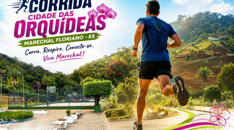 Montagem horizontal da Corrida Cidade das Orquídeas em Marechal Floriano, mostrando corredor em destaque diante das montanhas da cidade, com paisagens naturais, praça urbana e vegetação típica da região serrana capixaba. A arte traz o título estilizado do evento em cores vibrantes e o endereço www.pautasolta.com na parte inferior.