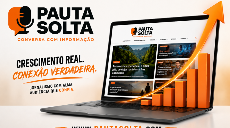 Banner horizontal da Revista Digital Pauta Solta mostrando notebook com gráfico de crescimento em alta, simbolizando aumento de audiência digital. Ao lado esquerdo aparece a logomarca oficial da revista com a frase “Crescimento real. Conexão verdadeira.” em destaque. A composição utiliza tons claros, branco, preto e laranja, em estilo moderno, clean e fotográfico.