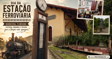 Montagem horizontal em estilo vintage mostrando a antiga Estação Ferroviária de Marechal Floriano, com detalhes internos do Museu da Imigração, trilhos abandonados e vagões antigos, destacando a memória ferroviária das Montanhas Capixabas em arte temática da Revista Pauta Solta.