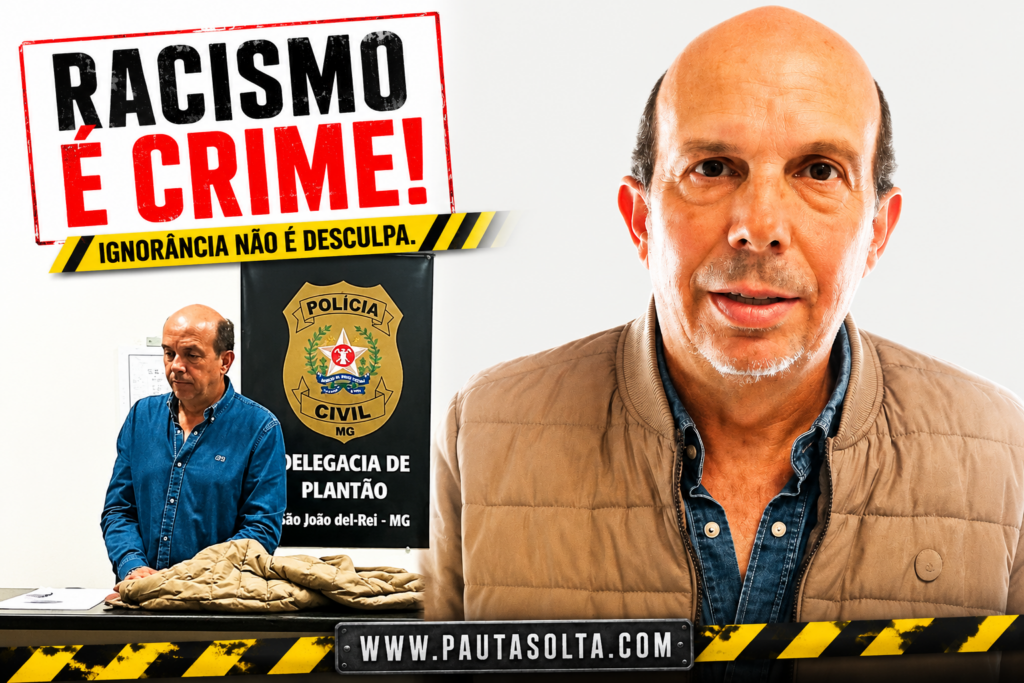 Montagem horizontal em estilo jornalístico mostrando o argentino acusado de racismo em Minas Gerais. À esquerda, ele aparece em uma delegacia da Polícia Civil de MG; à direita, um close em destaque do rosto do acusado. No canto superior esquerdo, o título “Racismo é Crime!” em visual policial com faixa de alerta. Na parte inferior, o endereço www.pautasolta.com em estilo metálico com faixa de isolamento policial. A imagem tem visual claro, limpo e impactante.