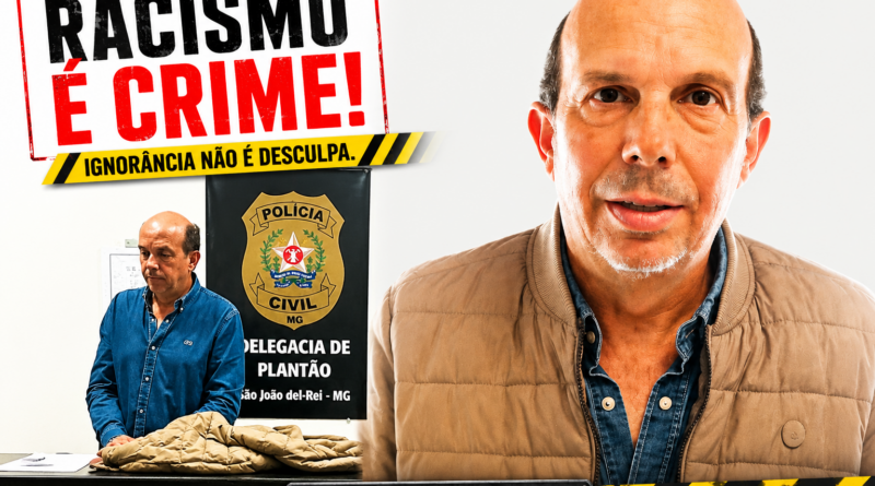 Montagem horizontal em estilo jornalístico mostrando o argentino acusado de racismo em Minas Gerais. À esquerda, ele aparece em uma delegacia da Polícia Civil de MG; à direita, um close em destaque do rosto do acusado. No canto superior esquerdo, o título “Racismo é Crime!” em visual policial com faixa de alerta. Na parte inferior, o endereço www.pautasolta.com em estilo metálico com faixa de isolamento policial. A imagem tem visual claro, limpo e impactante.