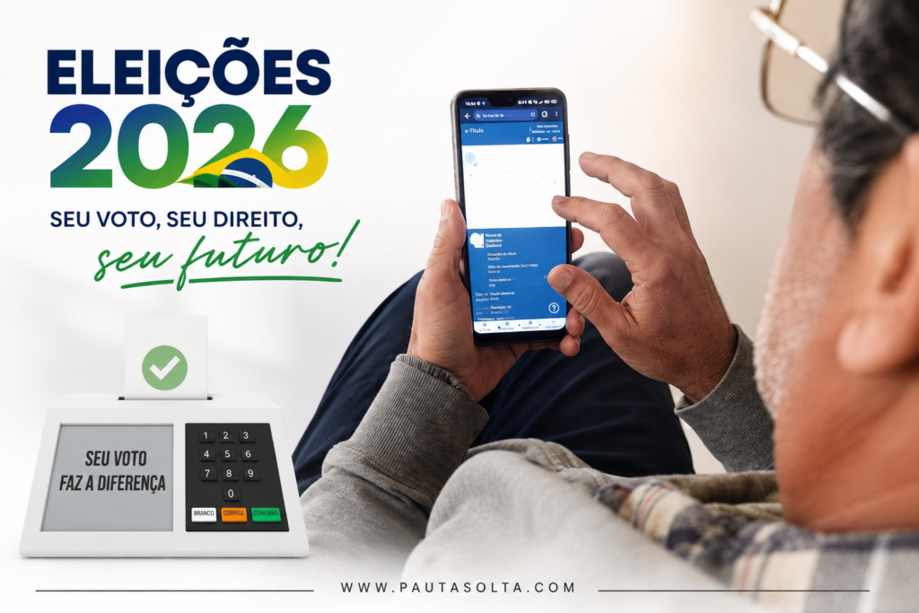 Homem consulta informações eleitorais pelo celular em ambiente doméstico. Ao lado da imagem, elementos gráficos remetem às Eleições 2026, incluindo urna eletrônica estilizada e a mensagem “Seu voto, seu direito, seu futuro”. A composição destaca a importância da participação cidadã e do exercício consciente do voto.