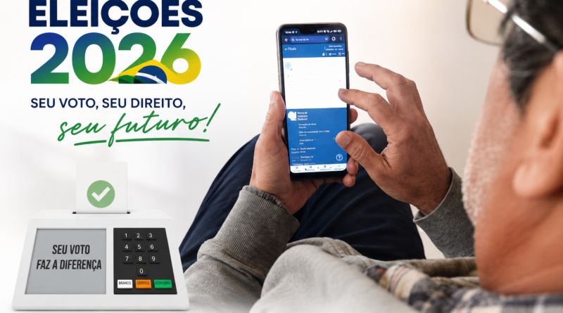 Homem consulta informações eleitorais pelo celular em ambiente doméstico. Ao lado da imagem, elementos gráficos remetem às Eleições 2026, incluindo urna eletrônica estilizada e a mensagem “Seu voto, seu direito, seu futuro”. A composição destaca a importância da participação cidadã e do exercício consciente do voto.