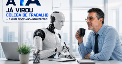 Homem de meia-idade tomando café enquanto conversa com um robô humanoide em um escritório futurista e claro, representando a convivência entre humanos e Inteligência Artificial no ambiente de trabalho. A imagem traz o título “A IA já virou colega de trabalho — e muita gente ainda não percebeu” em destaque futurista no canto superior esquerdo e o endereço www.pautasolta.com na parte inferior.