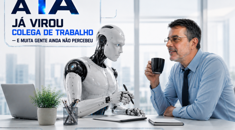 Homem de meia-idade tomando café enquanto conversa com um robô humanoide em um escritório futurista e claro, representando a convivência entre humanos e Inteligência Artificial no ambiente de trabalho. A imagem traz o título “A IA já virou colega de trabalho — e muita gente ainda não percebeu” em destaque futurista no canto superior esquerdo e o endereço www.pautasolta.com na parte inferior.