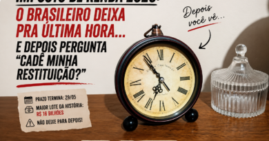 Relógio analógico vintage sobre uma mesa de madeira em montagem editorial da Revista Digital Pauta Solta sobre o prazo do Imposto de Renda 2026. A imagem traz frases provocativas sobre o hábito de deixar a declaração para a última hora, com visual limpo, elegante e estilo jornalístico moderno.