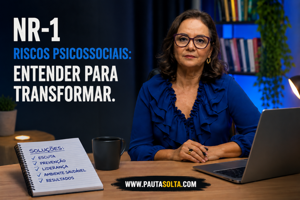 Psicóloga organizacional Jovaneide Polon aparece sentada em ambiente corporativo moderno, diante de um notebook, em uma composição visual clean e profissional sobre a NR-1 e riscos psicossociais no trabalho. Ao lado esquerdo, o título “NR-1 – Riscos Psicossociais: Entender para Transformar” aparece estilizado em destaque. A imagem transmite clima de solução, estratégia e gestão humanizada, com identidade visual da Revista Digital Pauta Solta.