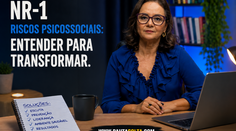 Psicóloga organizacional Jovaneide Polon aparece sentada em ambiente corporativo moderno, diante de um notebook, em uma composição visual clean e profissional sobre a NR-1 e riscos psicossociais no trabalho. Ao lado esquerdo, o título “NR-1 – Riscos Psicossociais: Entender para Transformar” aparece estilizado em destaque. A imagem transmite clima de solução, estratégia e gestão humanizada, com identidade visual da Revista Digital Pauta Solta.