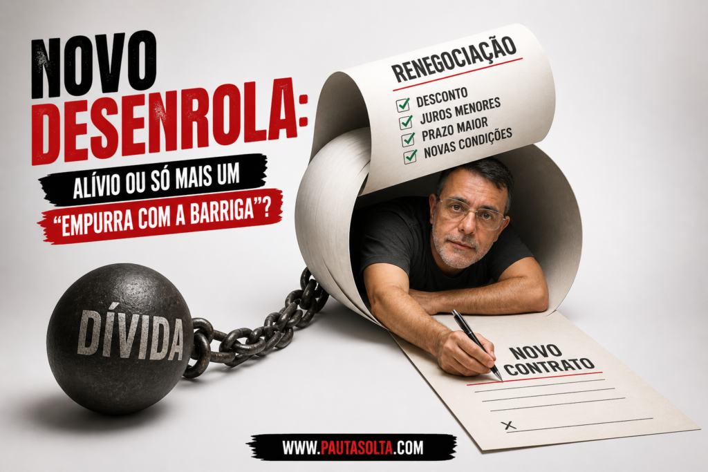 Homem preso dentro de um rolo de papel simbolizando renegociação de dívida, acorrentado a uma bola com a palavra “dívida”, assinando um novo contrato, representando o Novo Desenrola e o ciclo do endividamento.