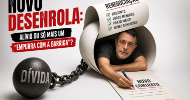 Homem preso dentro de um rolo de papel simbolizando renegociação de dívida, acorrentado a uma bola com a palavra “dívida”, assinando um novo contrato, representando o Novo Desenrola e o ciclo do endividamento.