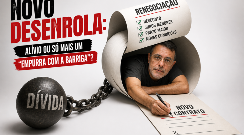 Homem preso dentro de um rolo de papel simbolizando renegociação de dívida, acorrentado a uma bola com a palavra “dívida”, assinando um novo contrato, representando o Novo Desenrola e o ciclo do endividamento.