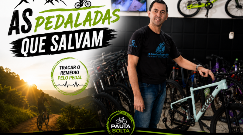 Farmacêutico Itamar dos Santos posa ao lado de bicicletas na loja Montanhas Bike, em Marechal Floriano, em montagem da Revista Pauta Solta sobre os benefícios da bicicleta no combate ao sedentarismo e na promoção da saúde física e mental.