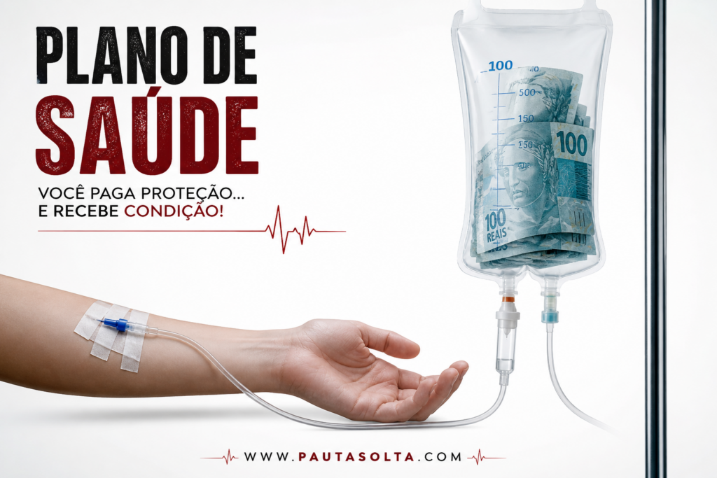 Braço de paciente com acesso venoso conectado a bolsa de soro contendo dinheiro, simbolizando o alto custo dos planos de saúde no Brasil, em fundo branco minimalista.