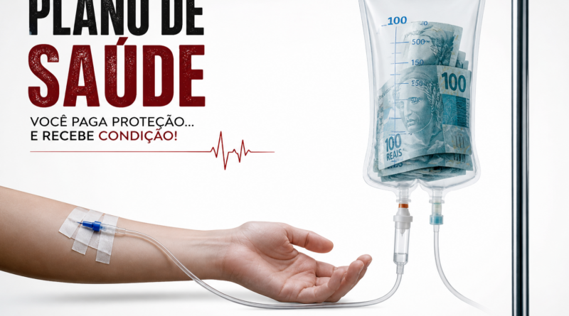 Braço de paciente com acesso venoso conectado a bolsa de soro contendo dinheiro, simbolizando o alto custo dos planos de saúde no Brasil, em fundo branco minimalista.