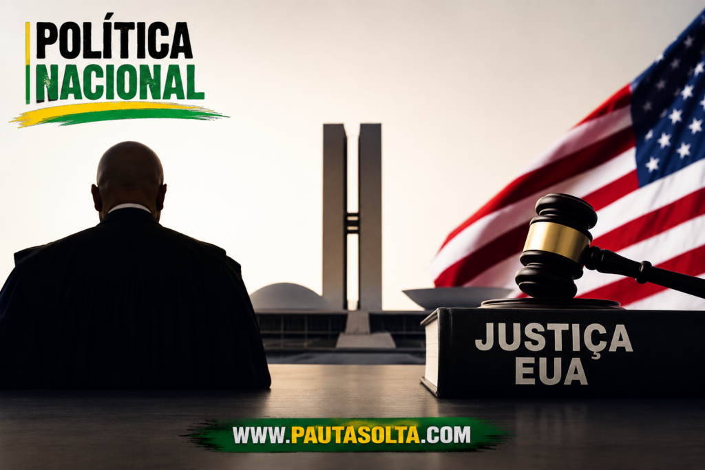 Imagem horizontal em estilo editorial ultrarrealista mostrando uma figura masculina de costas diante do Congresso Nacional, em Brasília, com bandeira dos Estados Unidos ao fundo e um martelo judicial sobre um livro com a inscrição “Justiça EUA”. A arte representa o embate entre STF, política, eleições de 2026 e guerra de narrativas nas redes sociais. No canto superior esquerdo aparece o título “Política Nacional” e, na parte inferior centralizada, o endereço www.pautasolta.com.