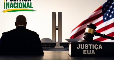 Imagem horizontal em estilo editorial ultrarrealista mostrando uma figura masculina de costas diante do Congresso Nacional, em Brasília, com bandeira dos Estados Unidos ao fundo e um martelo judicial sobre um livro com a inscrição “Justiça EUA”. A arte representa o embate entre STF, política, eleições de 2026 e guerra de narrativas nas redes sociais. No canto superior esquerdo aparece o título “Política Nacional” e, na parte inferior centralizada, o endereço www.pautasolta.com.
