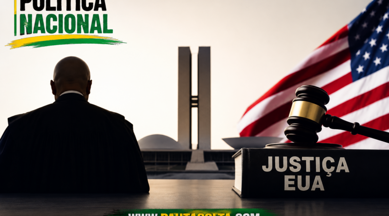 Imagem horizontal em estilo editorial ultrarrealista mostrando uma figura masculina de costas diante do Congresso Nacional, em Brasília, com bandeira dos Estados Unidos ao fundo e um martelo judicial sobre um livro com a inscrição “Justiça EUA”. A arte representa o embate entre STF, política, eleições de 2026 e guerra de narrativas nas redes sociais. No canto superior esquerdo aparece o título “Política Nacional” e, na parte inferior centralizada, o endereço www.pautasolta.com.