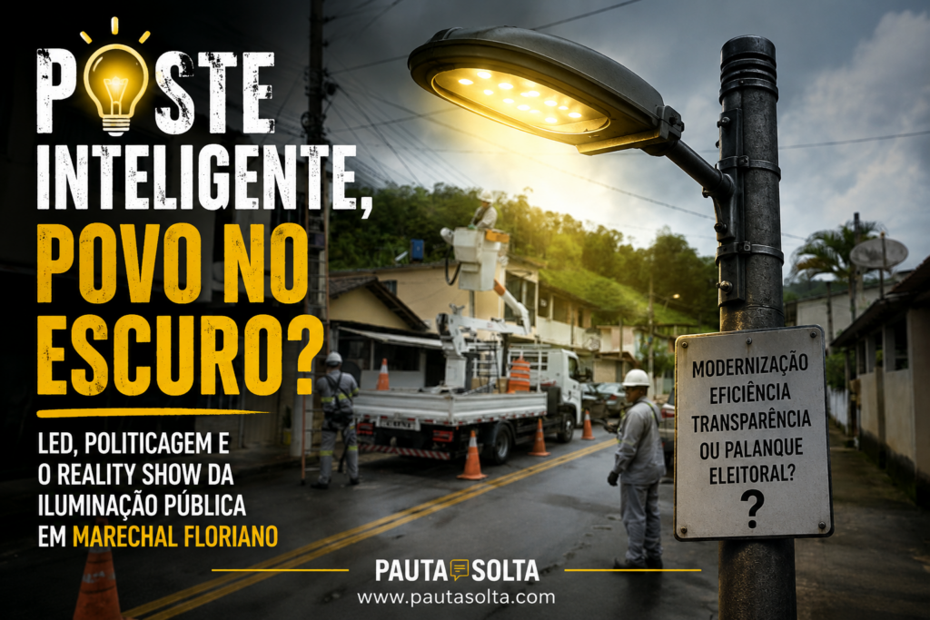 Equipe realiza manutenção e modernização da iluminação pública em Marechal Floriano enquanto arte da Revista Pauta Solta questiona os limites entre eficiência, transparência e uso político da tecnologia LED no município.