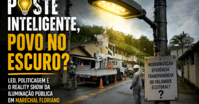 Equipe realiza manutenção e modernização da iluminação pública em Marechal Floriano enquanto arte da Revista Pauta Solta questiona os limites entre eficiência, transparência e uso político da tecnologia LED no município.
