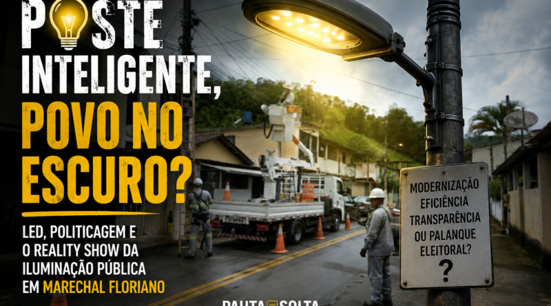 Equipe realiza manutenção e modernização da iluminação pública em Marechal Floriano enquanto arte da Revista Pauta Solta questiona os limites entre eficiência, transparência e uso político da tecnologia LED no município.