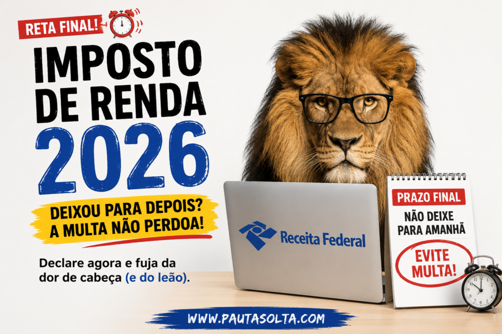 Imagem horizontal no estilo editorial da Revista Pauta Solta sobre o Imposto de Renda 2026. À esquerda, o título “Imposto de Renda 2026” aparece em letras grandes e estilizadas, acompanhado da chamada “Deixou para depois? A multa não perdoa!”. À direita, um leão usando óculos encara o leitor atrás de um notebook com a logomarca da Receita Federal. A composição é clara, clean e provocativa, com elementos visuais remetendo à reta final do prazo de entrega da declaração.