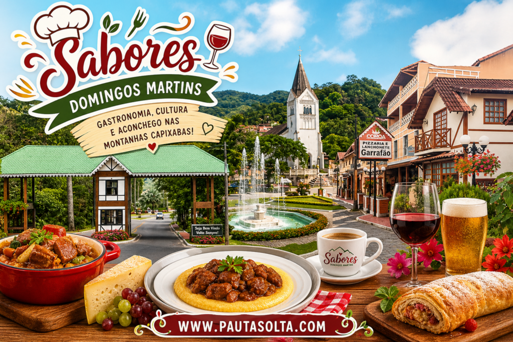 Montagem festiva do evento Sabores Domingos Martins com portal da cidade, praça central, arquitetura típica das montanhas capixabas e mesa com pratos gastronômicos, vinho, cerveja e café, representando o turismo e a culinária regional.